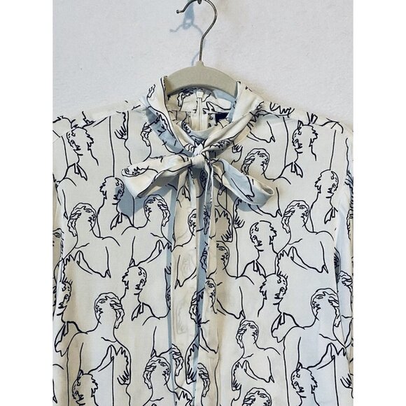 Asos Top Womens Small White Black Abstract Face Print Tie Neck Artsy Boho - Picture 3 of 7